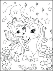 Black and white fairy coloring pages for kids. Children's coloring books with cute cartoon fairy and unicorn characters, fun and educational materials for kindergarten.

