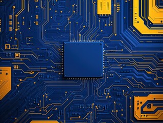 A close-up view of a blue circuit board featuring a central microchip, surrounded by intricate yellow circuit pathways.