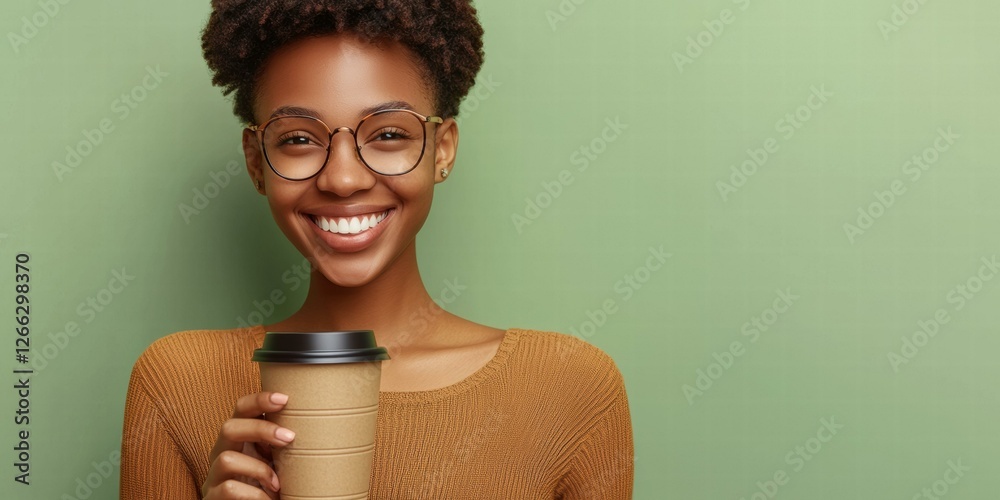 Wall mural Happy woman holding coffee. AI.