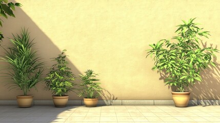 Obraz premium Outdoor patio with potted plants, sunlight casts shadows on wall