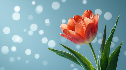 Vibrant orange tulip with green leaves against a soft blue background with bokeh effects