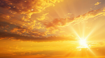 Fototapeta premium stunning sunset with vibrant orange and yellow hues illuminating sky, casting rays of light through fluffy clouds, creating serene and peaceful atmosphere
