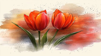 Vibrant red tulips blooming against a colorful abstract background, symbolizing beauty and nature