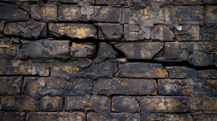 Obraz premium Burnt brick wall with charred texture and cracks, showcasing aftermath of fire. dark tones and rough surface create dramatic and gritty atmosphere