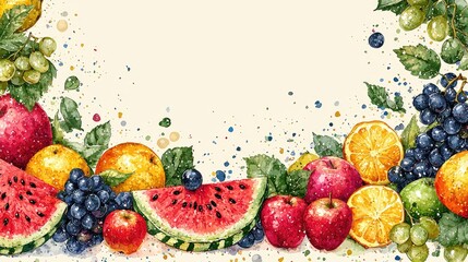 Colorful watercolor illustration of various fruits framing a blank space for text or design