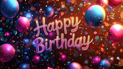 Colorful birthday celebration background featuring balloons, confetti, and festive lights