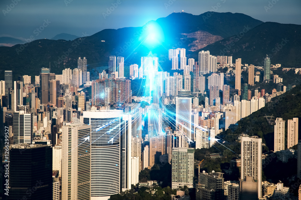 Poster hong kong cityscape with a double exposure effect, showing light trails growing upwards through the 