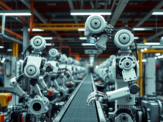 Fototapeta premium An intricate web of robotic arms manipulating circuit boards and wires in a high-tech manufacturing facility, engineering, advancement, automated