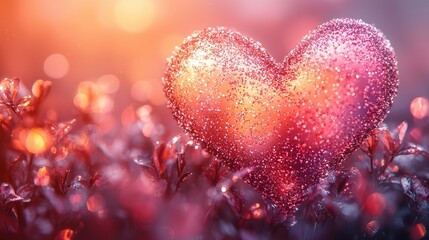 Glowing heart-shaped decoration surrounded by dewy foliage at sunset, evoking love and warmth