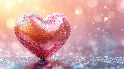 A sparkling pink heart-shaped object glistens on a reflective surface with a dreamy bokeh background