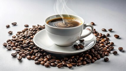 Aromatic Steam Rising from a Cup of Dark Coffee Resting on a Saucer Surrounded by Roasted Coffee Beans