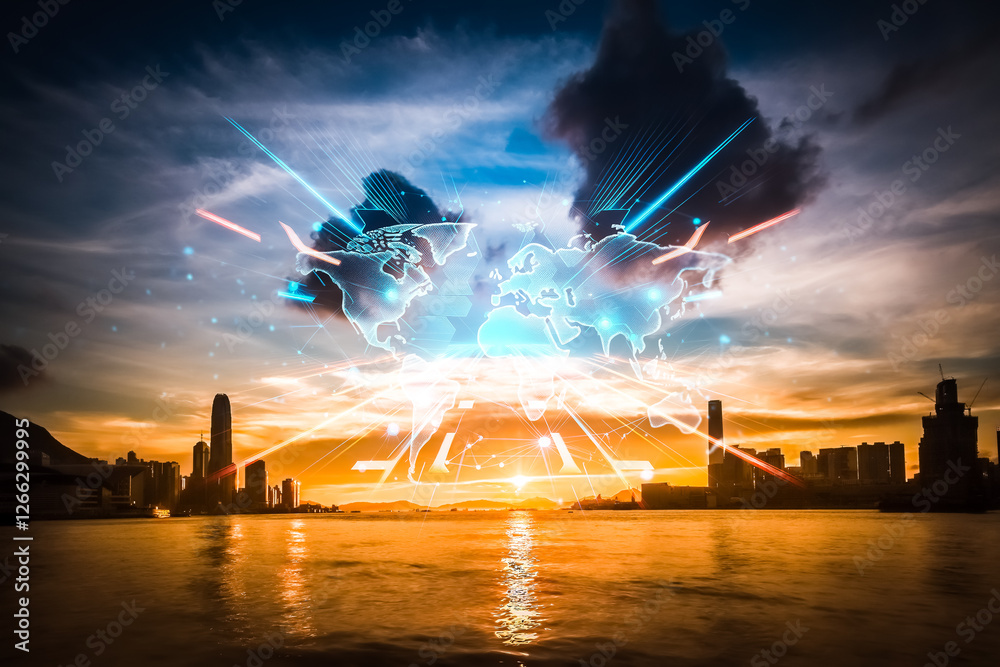 Poster A double exposure concept shows Hong Kong's skyline growing up towards a bright sky. It represents a futuristic and developing urban concept.