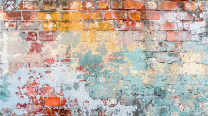 Obraz premium weathered brick wall with peeling paint and vibrant colors, showcasing mix of textures and hues. rustic charm adds character to any space