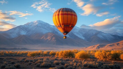 A vibrant hot air balloon floats over a picturesque mountain landscape at sunset, showcasing nature's beauty