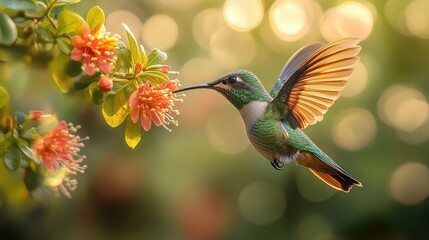 A vibrant hummingbird hovering near colorful flowers in a sunlit garden with a soft bokeh background
