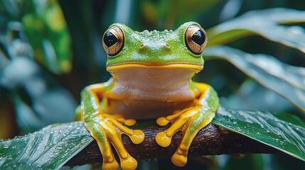 Close-up of a vibrant green tree frog resting on a leaf in a lush tropical environment