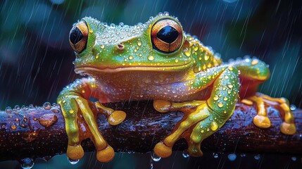 A vibrant green frog perched on a wet branch amidst falling rain, showcasing nature's beauty