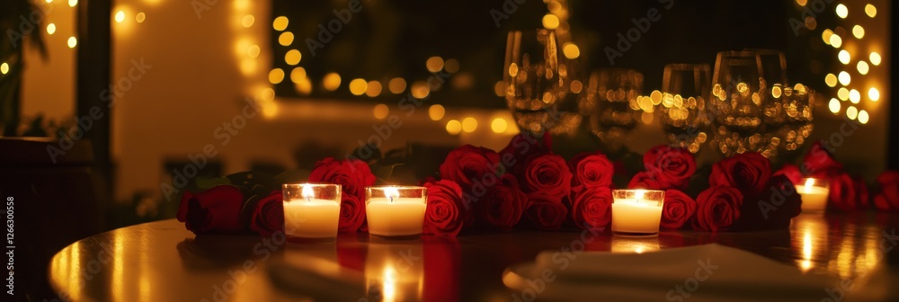 Poster Romantic dinner setting with candles and roses in a softly lit location for a special occasion. Generative AI