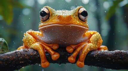 Close-up of a vibrant orange frog perched on a wet branch amidst a lush, misty forest backdrop