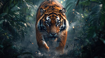 Majestic tiger prowling through dense jungle foliage, showcasing its power and beauty