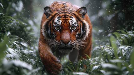 Majestic tiger prowling through lush greenery in a vibrant jungle setting, with soft rain falling