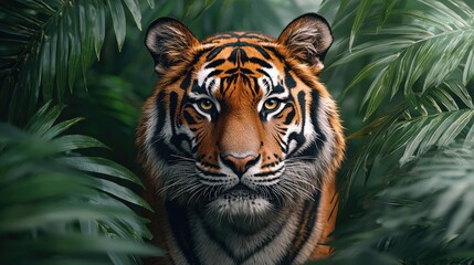 Majestic tiger gazes through lush green jungle foliage, embodying strength and beauty in nature