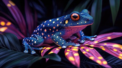 Vibrant blue frog perched on colorful leaves in a lush tropical environment at night