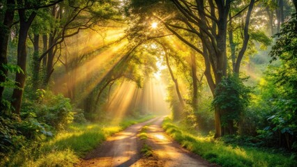 Fototapeta premium Golden Sunbeams Illuminating a Misty Forest Path, a Serene and Picturesque Woodland Scene