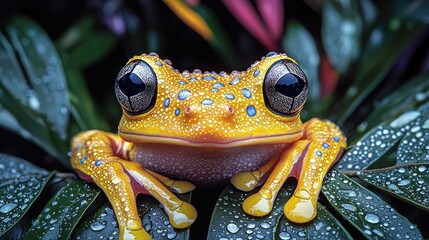 Close-up of a vibrant yellow frog resting on lush green leaves with water droplets glistening