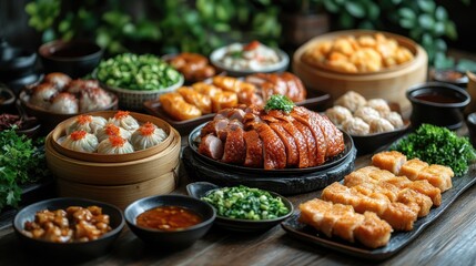A vibrant spread of assorted dim sum and delicacies arranged on a wooden table, surrounded by greenery