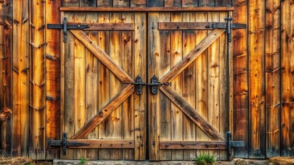 Fototapeta premium Rustic Wooden Double Doors with Cross-Bracing and Antique Metal Hardware on a Weathered Wooden Structure