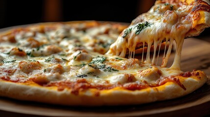 Deliciously melted cheese pizza being pulled apart, showcasing toppings and a rustic wooden background