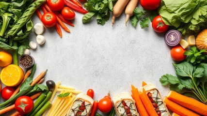 Assorted sandwiches with fresh vegetables arranged in a circular frame for text overlay, ingredients, delicious, vegetables