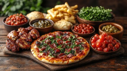 Delicious spread of pizza, wings, and fresh sides on a rustic wooden table with greenery