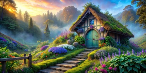 Fototapeta premium Enchanted Cottage nestled in a mystical sunrise valley, surrounded by vibrant blooming flowers and lush greenery, a wooden staircase leading to its charming green door