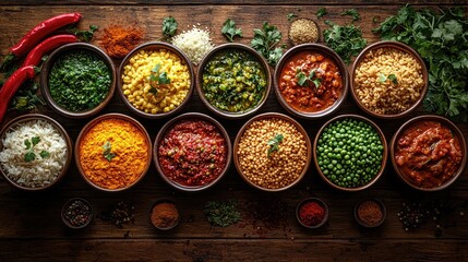 Colorful assortment of spices and dishes arranged in bowls on a rustic wooden table