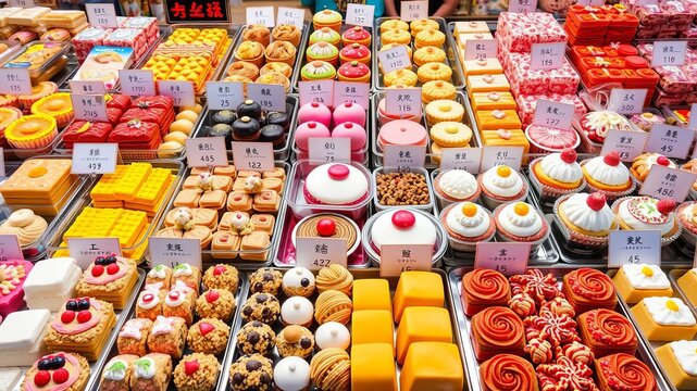 Assortment of colorful traditional Japanese cakes on display at a bakery in Tokyo, Japan, display, food, confectionery