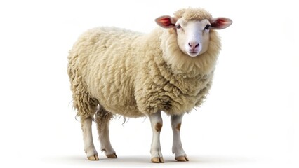 Naklejka premium A Fluffy Sheep Standing Against a Pure White Background, Its Fleece Thick and Luxuriant, Displaying a Gentle and Docile Expression
