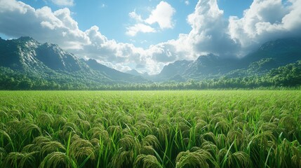 Lush rice field under a vibrant sky with mountains in the background, depicting nature's beauty