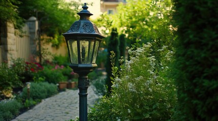Ornate Garden Lamp Illuminates Stone Path Amidst Lush Greenery