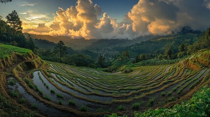 Lush terraced rice fields at sunset with dramatic clouds and hills in the background