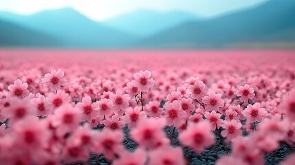A vibrant field of pink flowers in full bloom against a backdrop of distant mountains