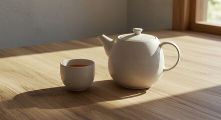 Fototapeta premium Teapot and Cup of Tea on Wooden Table in Sunlight