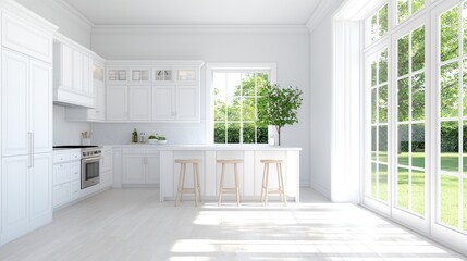 Fototapeta premium Bright white kitchen with garden view, island, sunlight