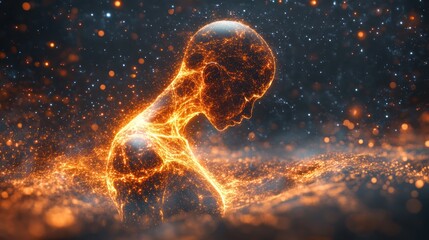 Fiery human figure, cosmic background, digital art, sorrow, concept art