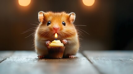 Chubby adorable hamster blowing out the candle on a birthday cupcake with cheeks puffed out in a delightful whimsical expression  A charming tiny and playful moment captured