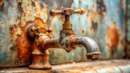 A weathered metallic faucet, heavily corroded, mounted on a rusty surface, exhibiting signs of age and decay, evokes a sense of forgotten utility and the passage of time.