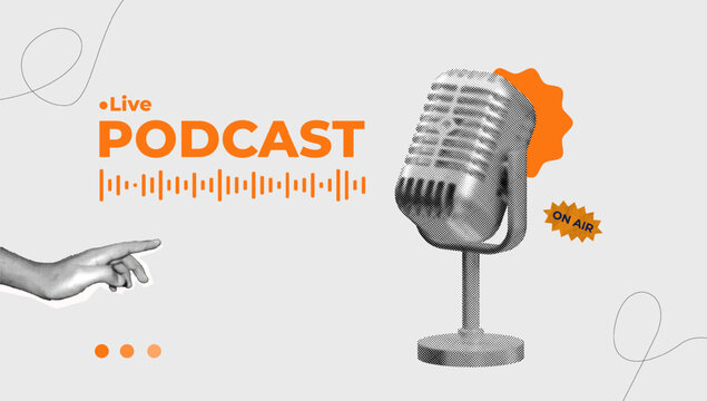 halftone collage, Live podcast design with vintage microphone, sound waves, hand gesture and 'On Air' badge. audio streaming, broadcasting, radio shows, and digital content. Modern podcasting concept
