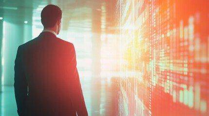 Businessman Analyzing Digital Data on a Wall in Modern Office