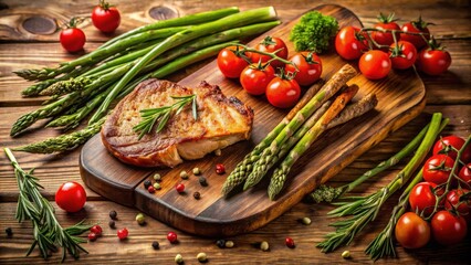 Grilled Pork Chop with Roasted Asparagus and Cherry Tomatoes on Rustic Wooden Board